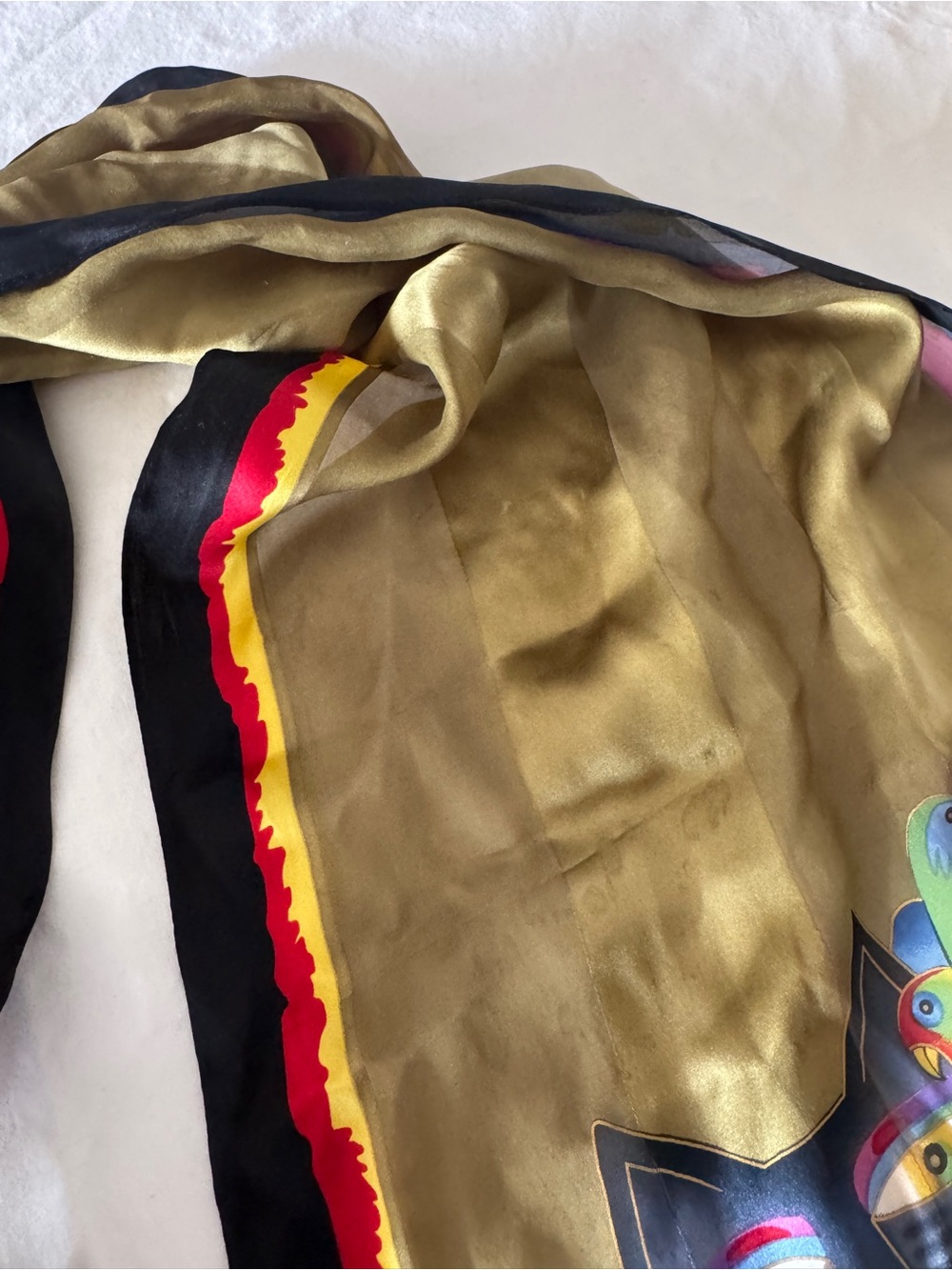 Vintage Laurel Burch Black Cat Parrot Silk Scarf Multicolor Art Wear Collectible - Picture 3 of 16